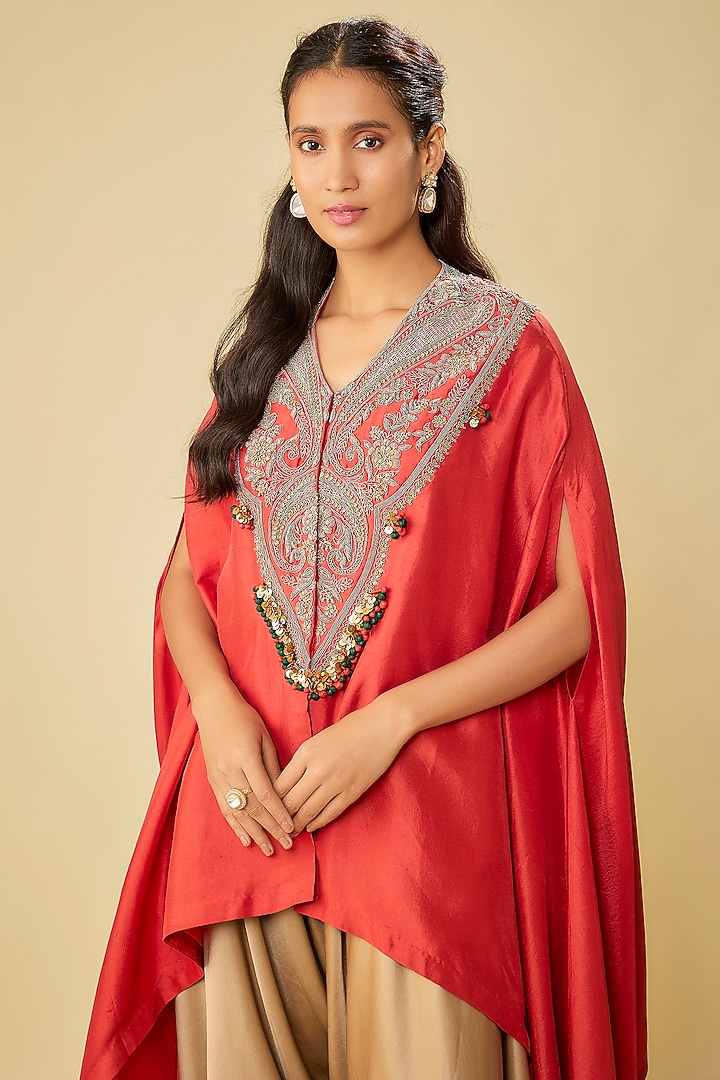 Deep Orange Silk Dori Work Kaftan Set by Prisho at Pernia's Pop Up Shop