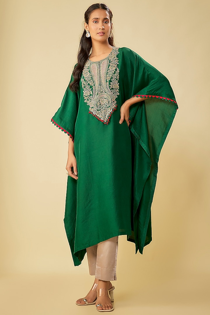 Bottle Green Silk Dori Work Kaftan Set by Prisho at Pernia's Pop Up Shop