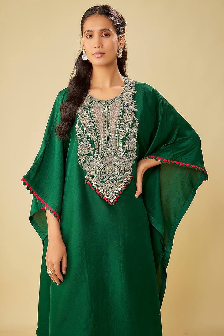 Bottle Green Silk Dori Work Kaftan Set by Prisho at Pernia's Pop Up Shop