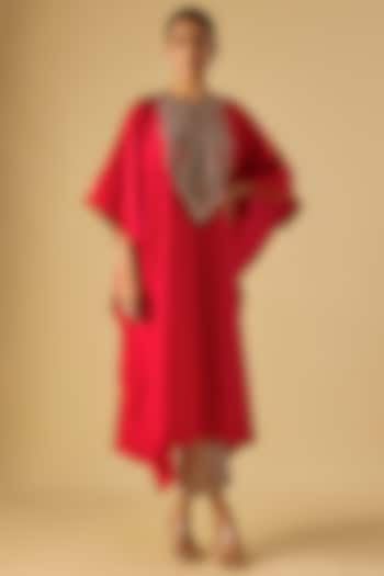 Red Silk Dori Work Kaftan Set by Prisho at Pernia's Pop Up Shop