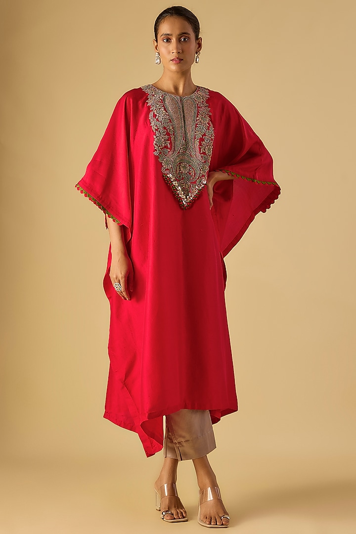 Red Silk Dori Work Kaftan Set by Prisho at Pernia's Pop Up Shop