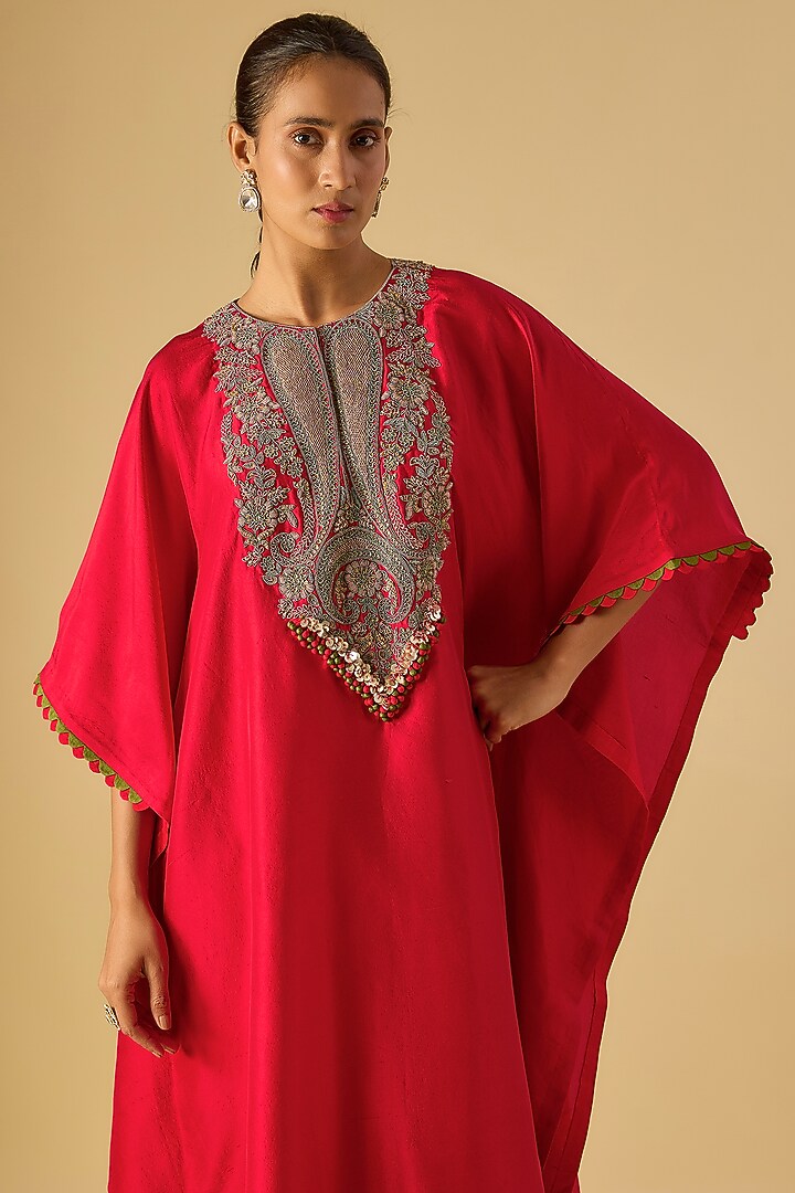 Red Silk Dori Work Kaftan Set by Prisho at Pernia's Pop Up Shop