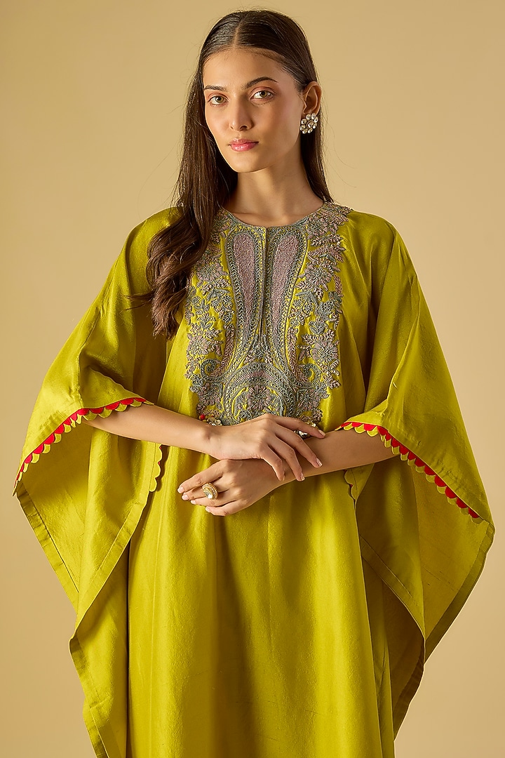 Lime Green Silk Dori Work Kaftan Set by Prisho at Pernia's Pop Up Shop