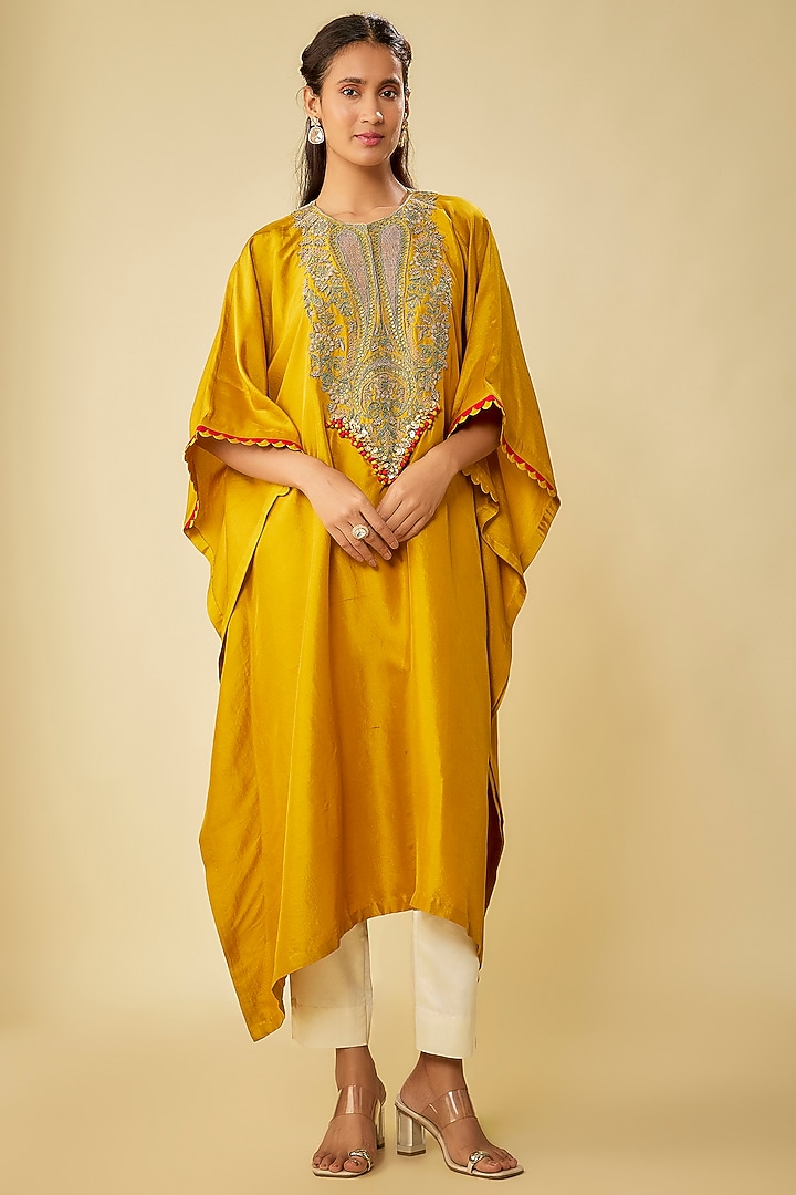 Mustard Silk Dori Work Kaftan Set by Prisho at Pernia's Pop Up Shop