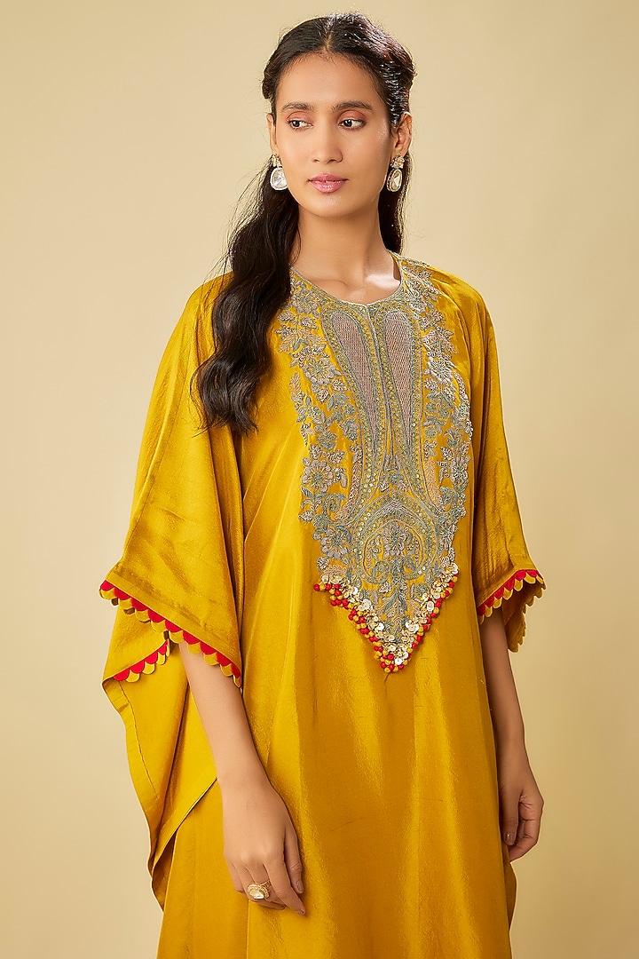 Mustard Silk Dori Work Kaftan Set by Prisho at Pernia's Pop Up Shop