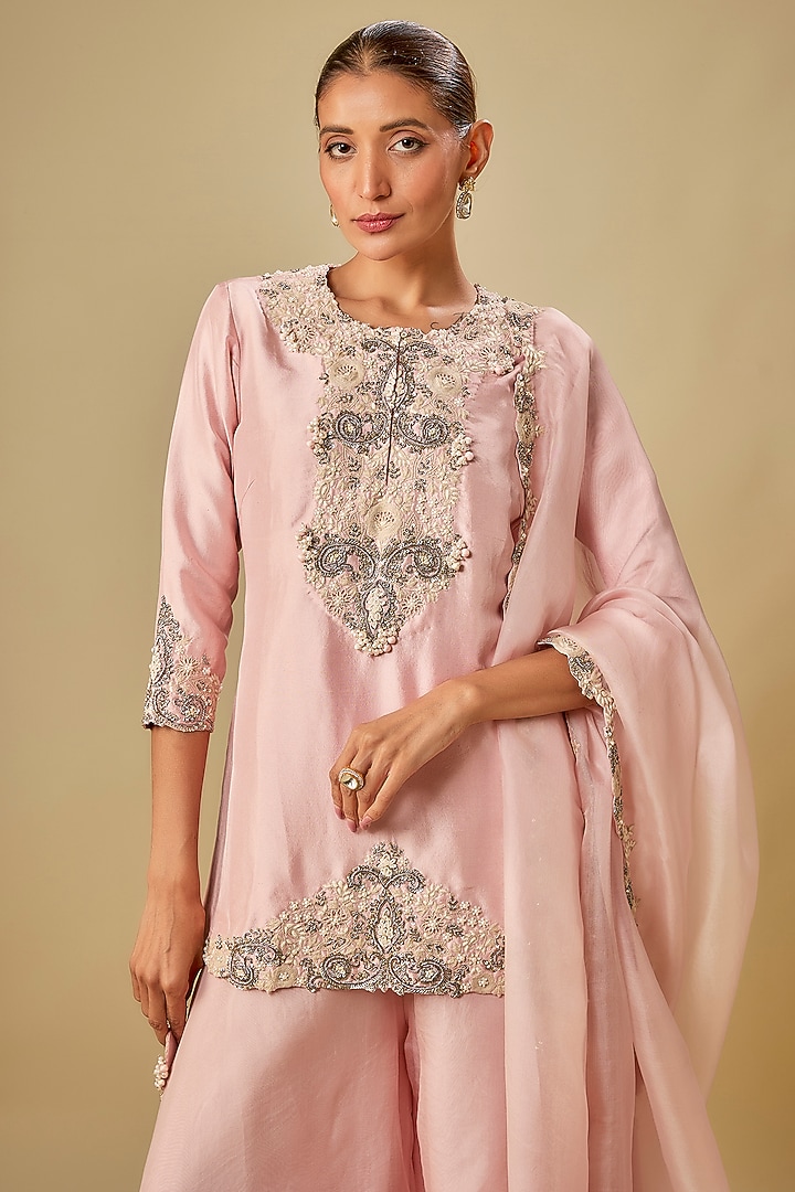 Flamingo Pink Silk Resham Work Kurta Set by Prisho at Pernia's Pop Up Shop
