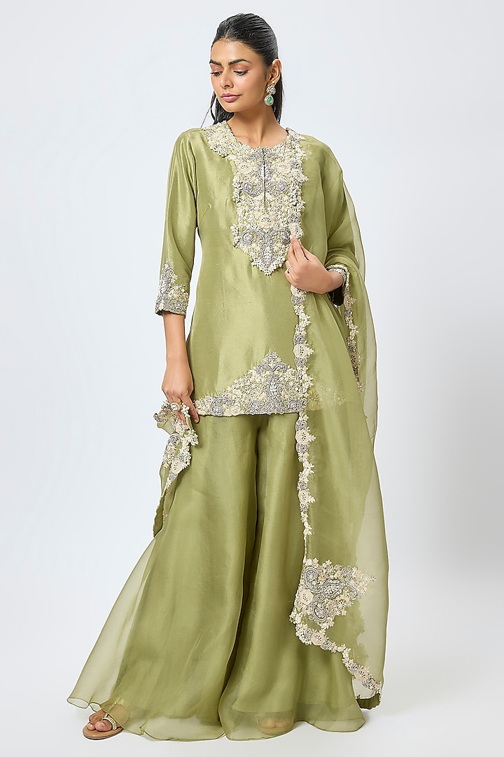 Sea Green Organza Wedding Sharara Set by Prisho at Pernia's Pop Up Shop