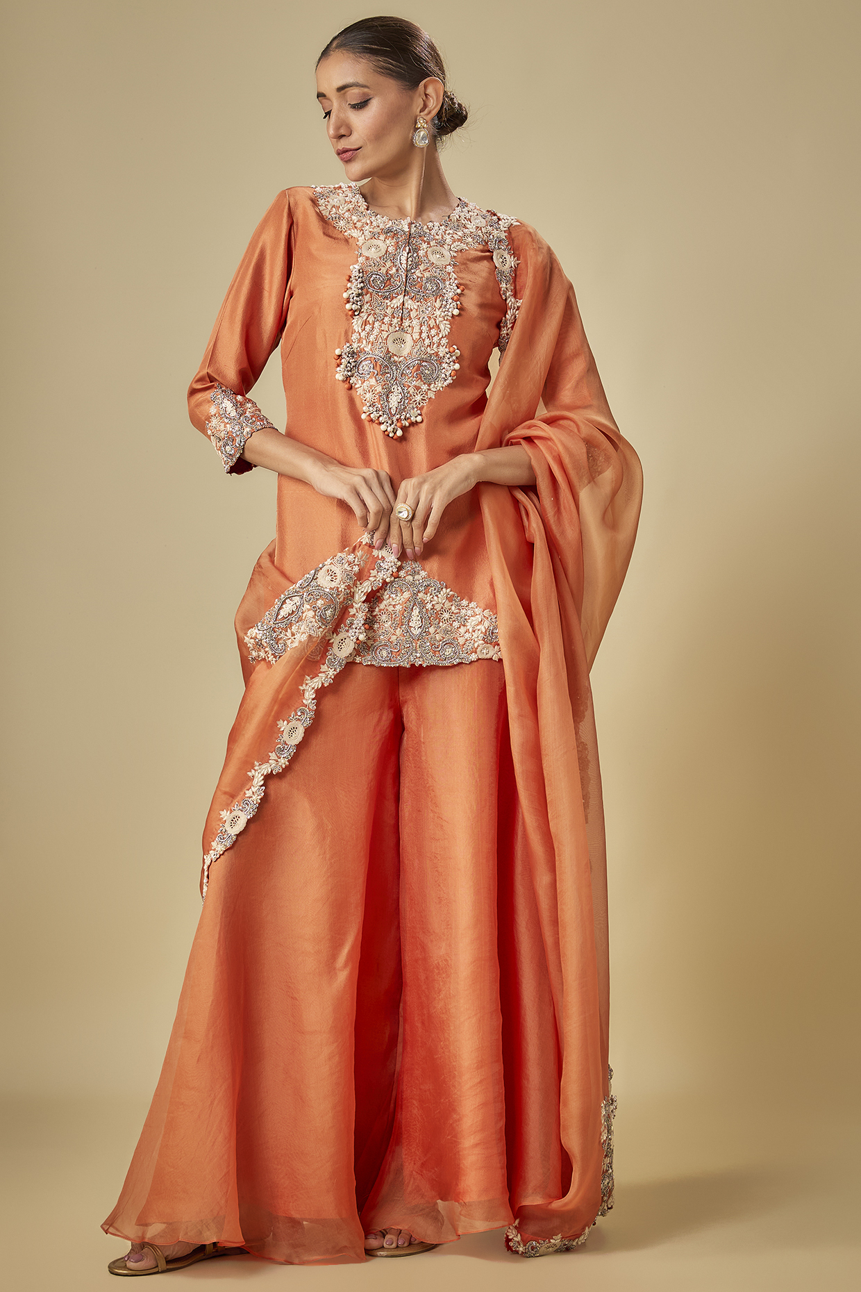 Rust Silk Resham Work Kurta Set by Prisho at Pernia's Pop Up Shop