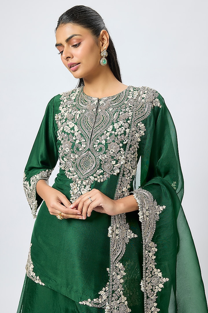 Bottle Green Organza Wedding Sharara Set by Prisho at Pernia's Pop Up Shop