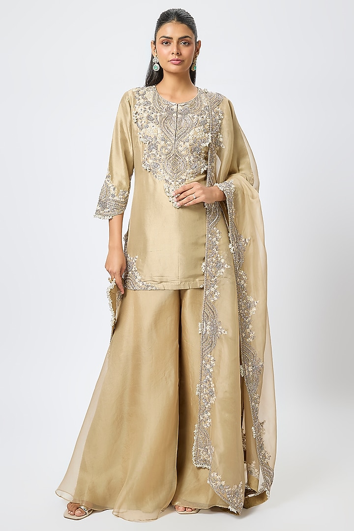 Beige Organza Wedding Sharara Set by Prisho at Pernia's Pop Up Shop