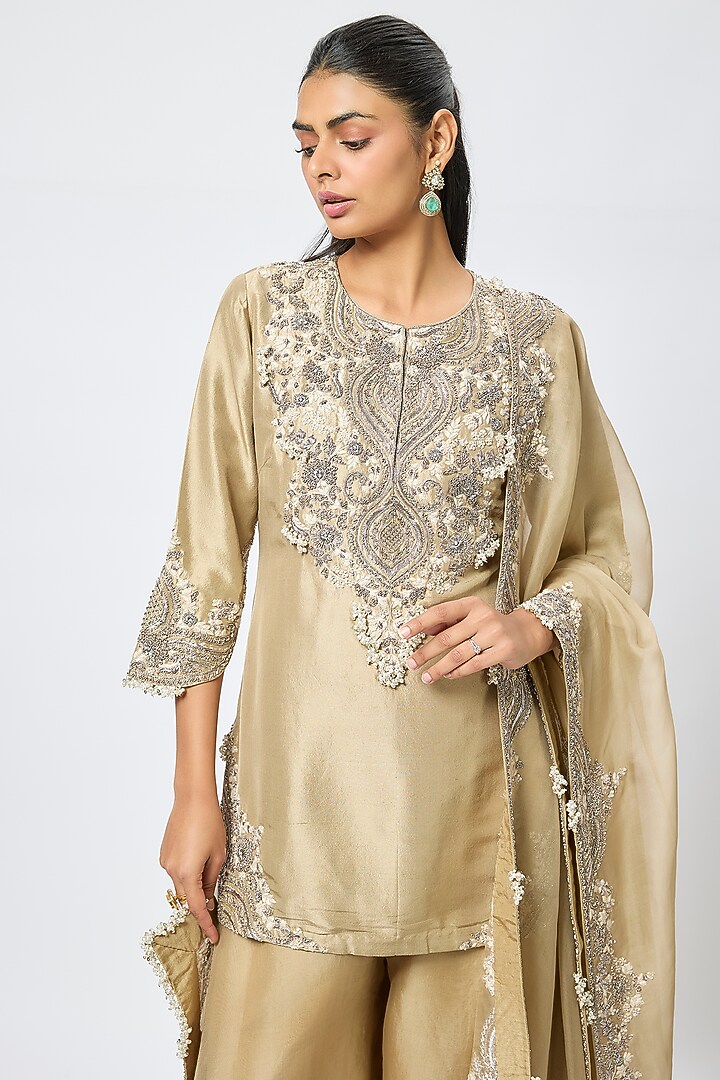 Beige Organza Wedding Sharara Set by Prisho at Pernia's Pop Up Shop