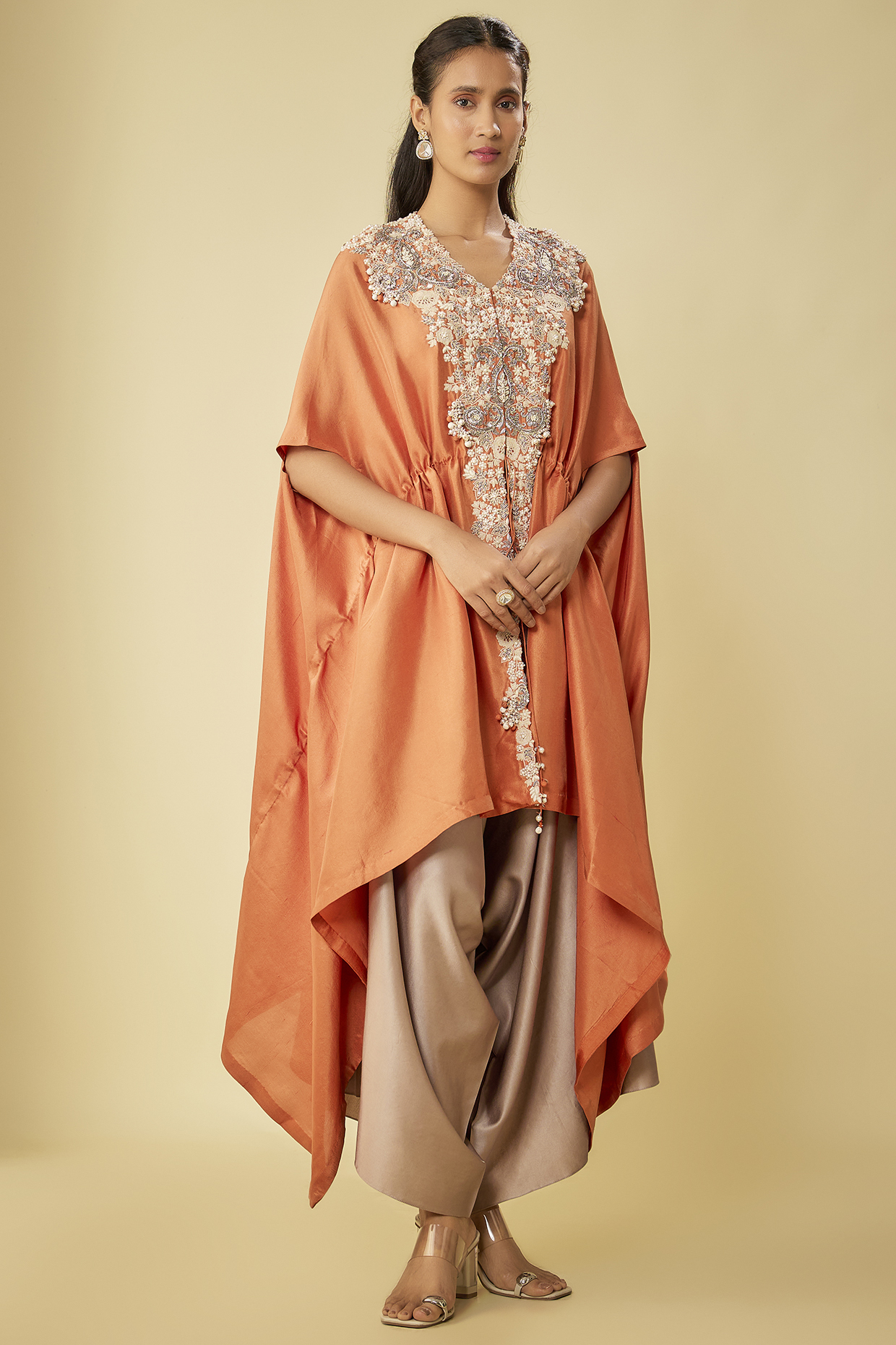 Rust Silk Resham Work Kaftan Set by Prisho at Pernia's Pop Up Shop