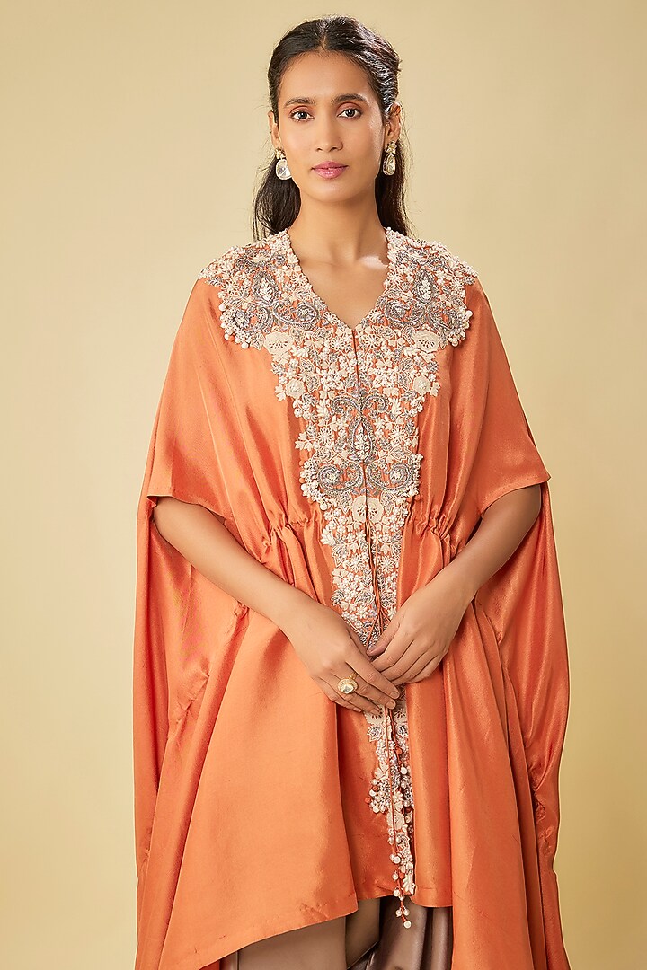 Rust Silk Resham Work Kaftan Set by Prisho at Pernia's Pop Up Shop