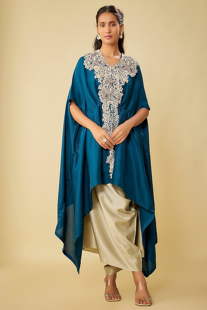 Blue Silk Resham Work Kaftan Set by Prisho at Pernia's Pop Up Shop