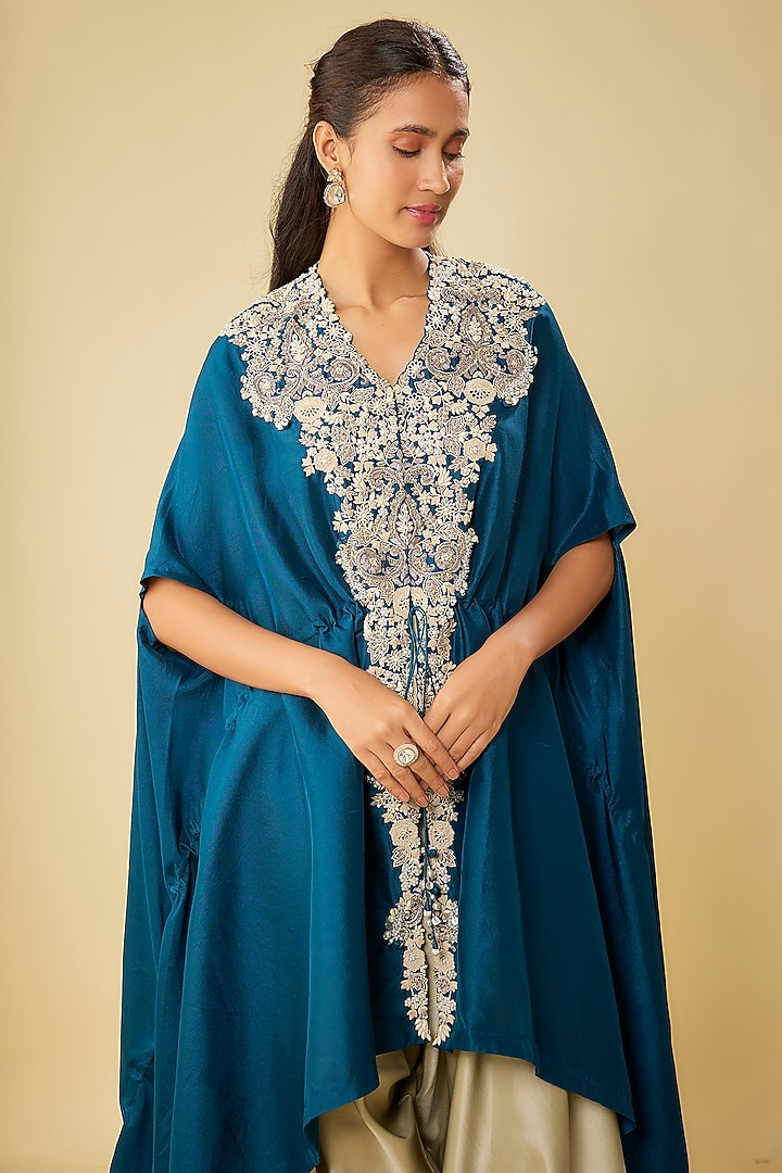 Blue Silk Resham Work Kaftan Set by Prisho at Pernia's Pop Up Shop