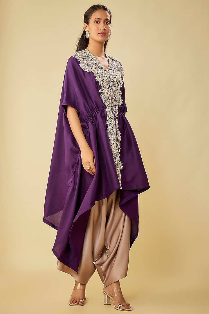 Dark Purple Silk Resham Work Kaftan Set by Prisho at Pernia's Pop Up Shop