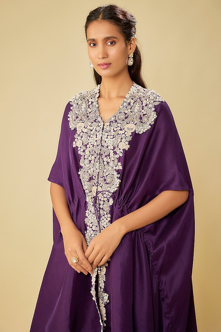 Dark Purple Silk Resham Work Kaftan Set by Prisho at Pernia's Pop Up Shop