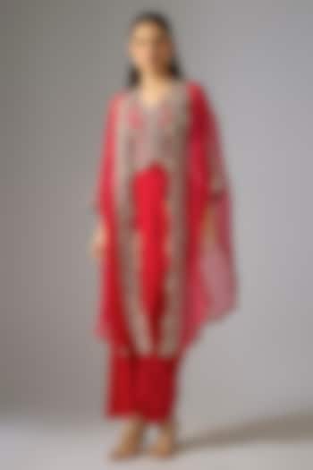 Red Organza Resham Work Cape Set by Prisho at Pernia's Pop Up Shop