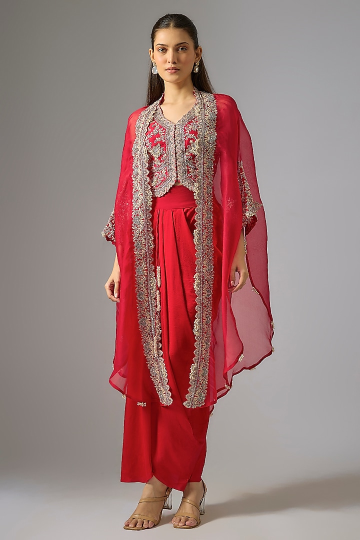 Red Organza Resham Work Cape Set by Prisho at Pernia's Pop Up Shop