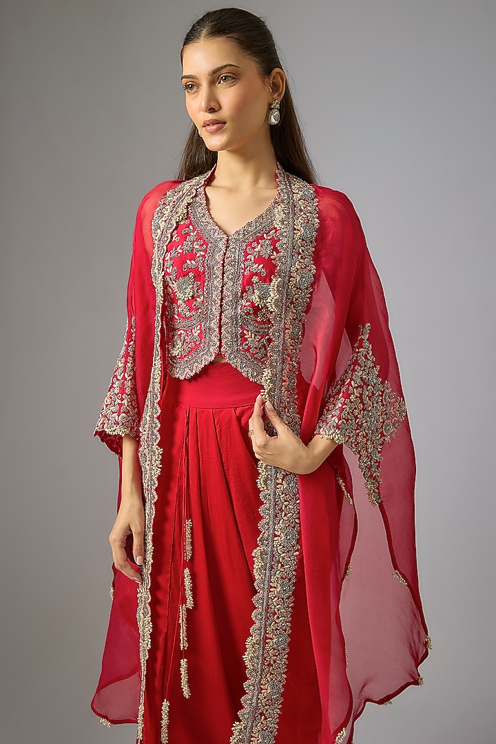 Red Organza Resham Work Cape Set by Prisho at Pernia's Pop Up Shop