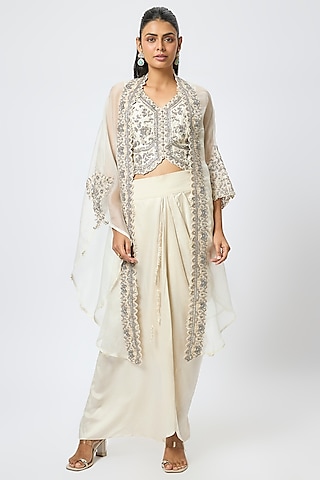 Ivory Silk Resham & Maal Work Jacket Set by Prisho