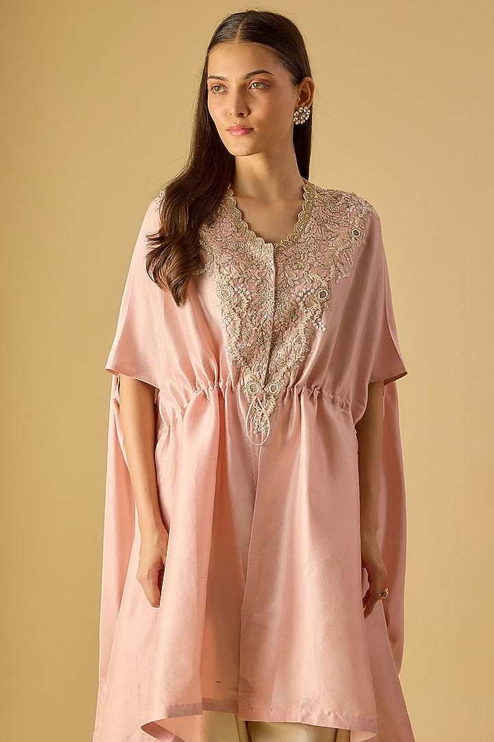 Flamingo Pink Silk Resham Work Kaftan Set by Prisho at Pernia's Pop Up Shop