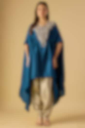 Blue Pink Silk Resham Work Kaftan Set by Prisho at Pernia's Pop Up Shop