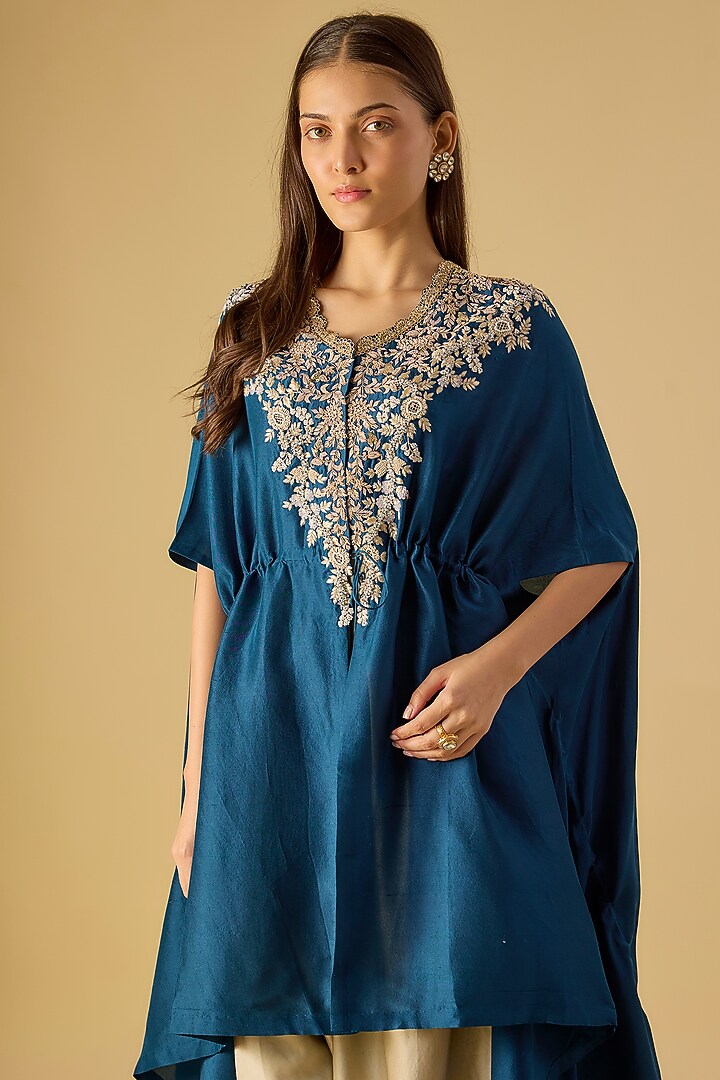 Blue Pink Silk Resham Work Kaftan Set by Prisho at Pernia's Pop Up Shop