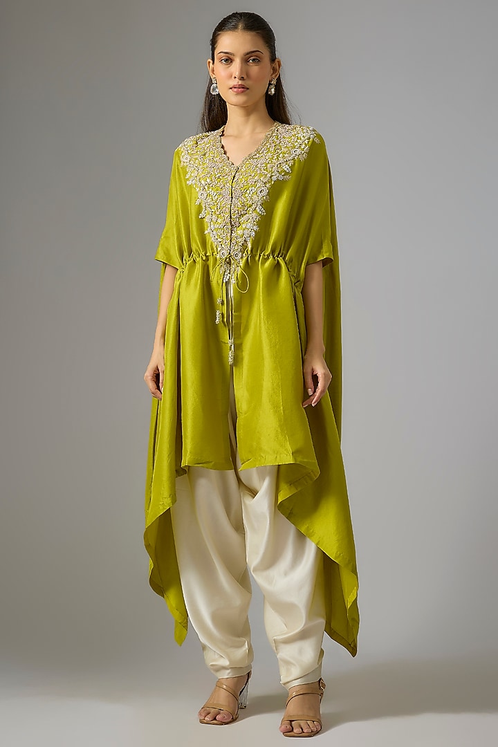 Lime Green Silk Resham Work Kaftan Set by Prisho at Pernia's Pop Up Shop