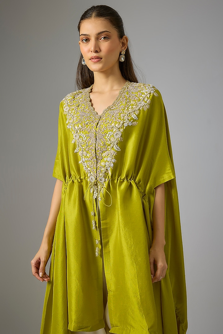 Lime Green Silk Resham Work Kaftan Set by Prisho at Pernia's Pop Up Shop