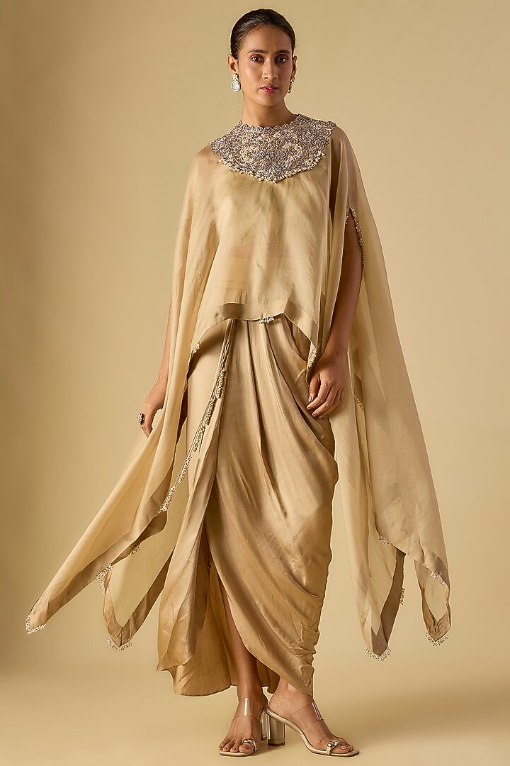 Beige Organza Maal & Resham Work Kaftan Set by Prisho at Pernia's Pop Up Shop
