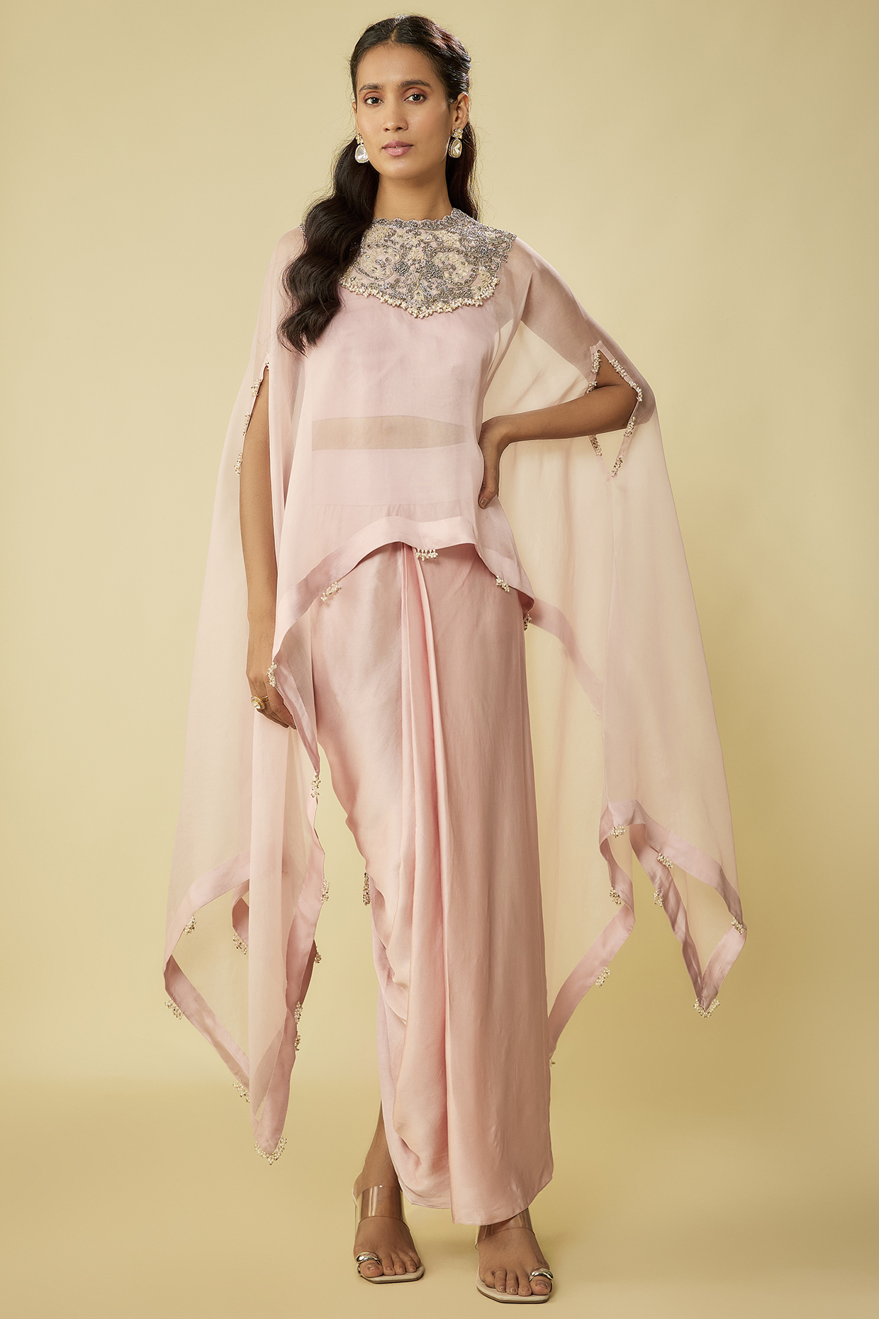 Flamingo Pink Organza Resham Work A-Line Kaftan Set by Prisho at Pernia's Pop Up Shop