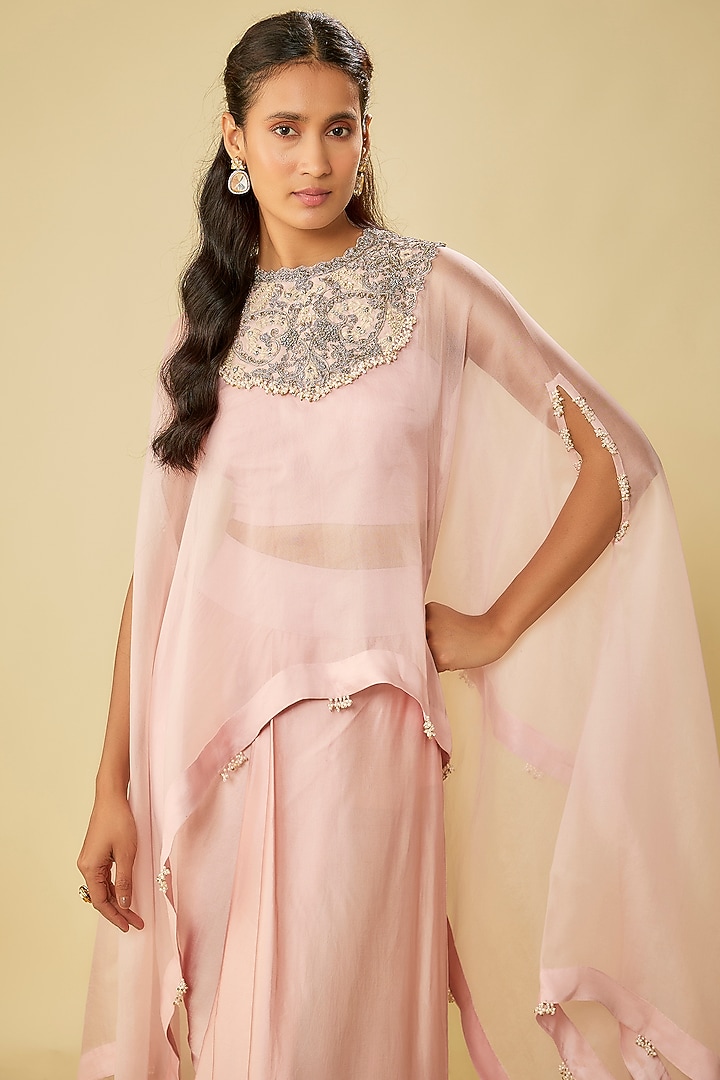 Flamingo Pink Organza Resham Work A-Line Kaftan Set by Prisho at Pernia's Pop Up Shop