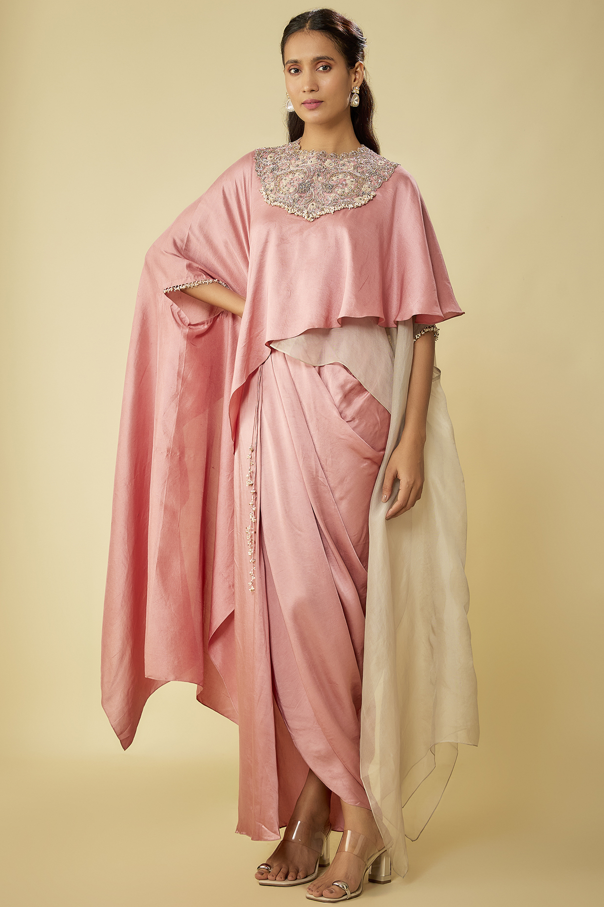 Flamingo Pink Organza & Silk Resham Work A-Line Kaftan Set by Prisho at Pernia's Pop Up Shop