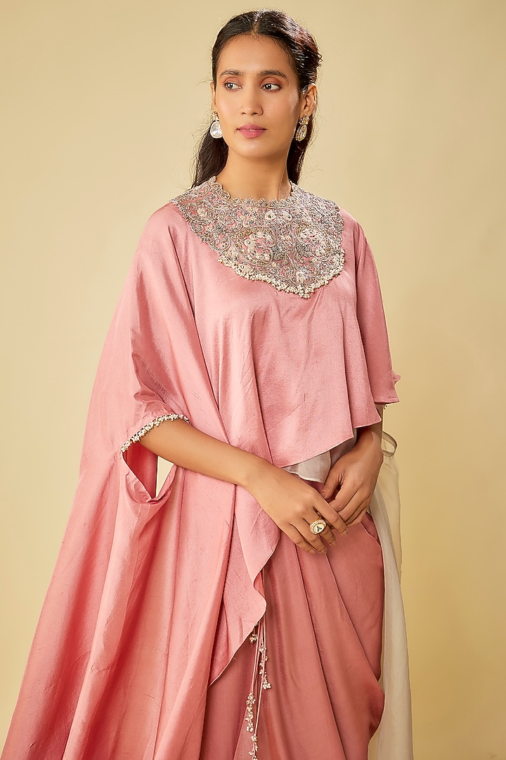 Flamingo Pink Organza & Silk Resham Work A-Line Kaftan Set by Prisho at Pernia's Pop Up Shop