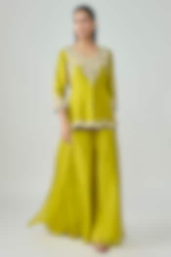 Lime Green Organza Flared Wedding Sharara Set by Prisho at Pernia's Pop Up Shop