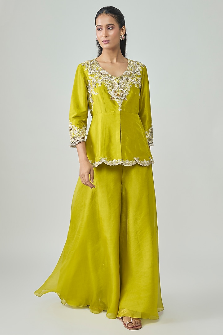 Lime Green Organza Flared Wedding Sharara Set by Prisho at Pernia's Pop Up Shop
