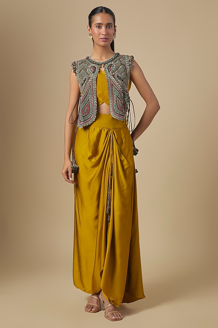 Mustard Chanderi Dori Embroidered Jacket Set by Prisho at Pernia's Pop Up Shop