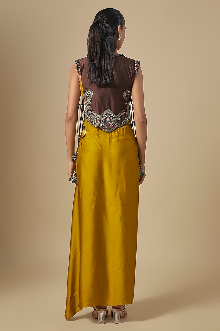 Mustard Chanderi Dori Embroidered Jacket Set by Prisho at Pernia's Pop Up Shop