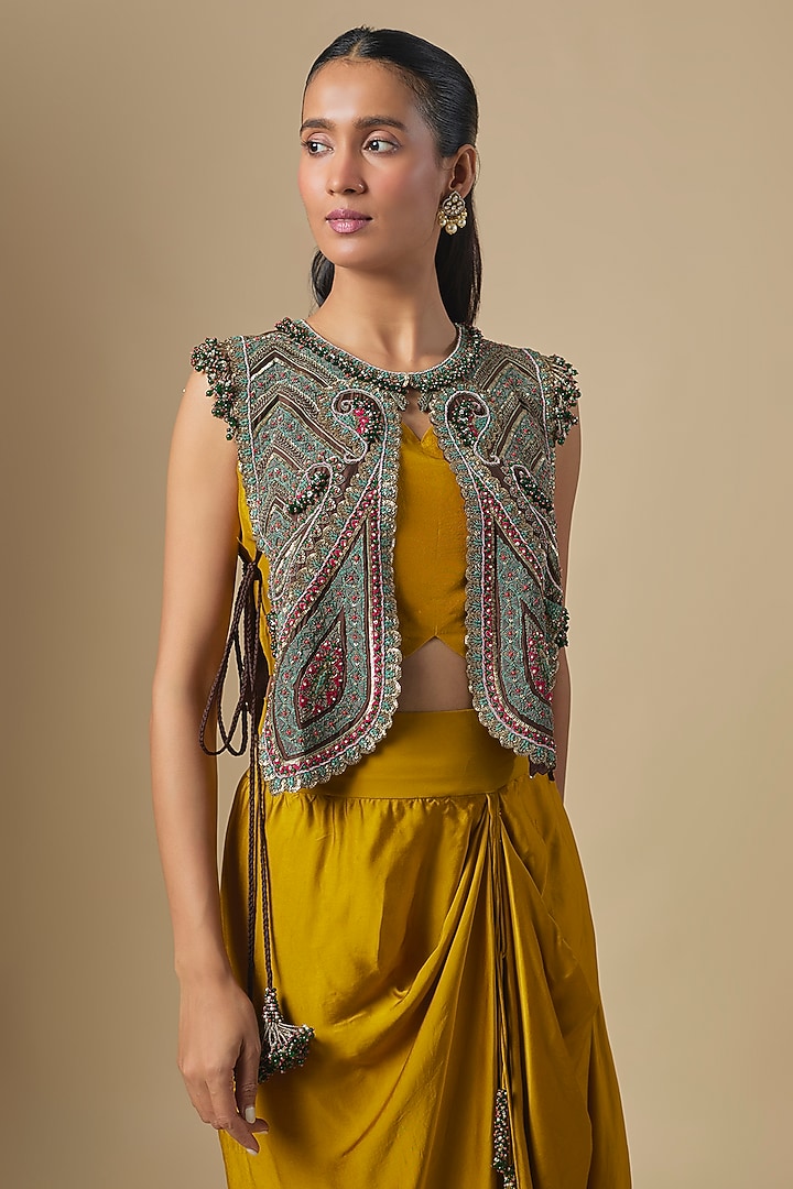 Mustard Chanderi Dori Embroidered Jacket Set by Prisho at Pernia's Pop Up Shop