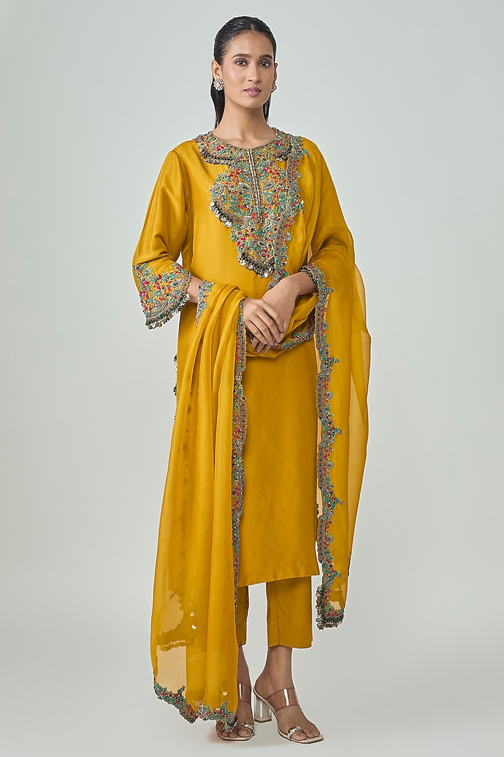 Mustard Silk Dori Embellished Kurta Set by Prisho at Pernia's Pop Up Shop