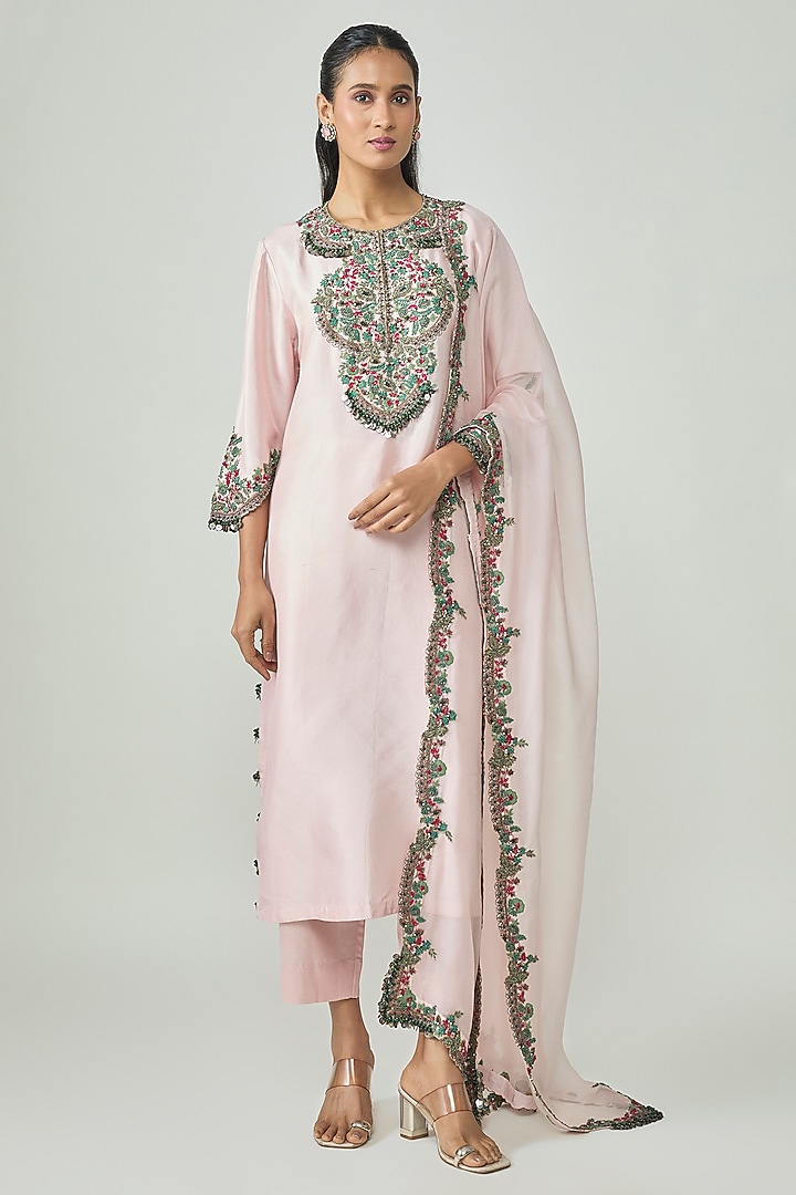 Flamingo Pink Silk Dori Embellished Kurta Set by Prisho at Pernia's Pop Up Shop