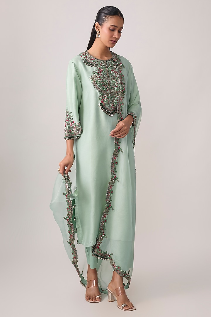 Aqua Silk Dori Embellished Kurta Set by Prisho at Pernia's Pop Up Shop