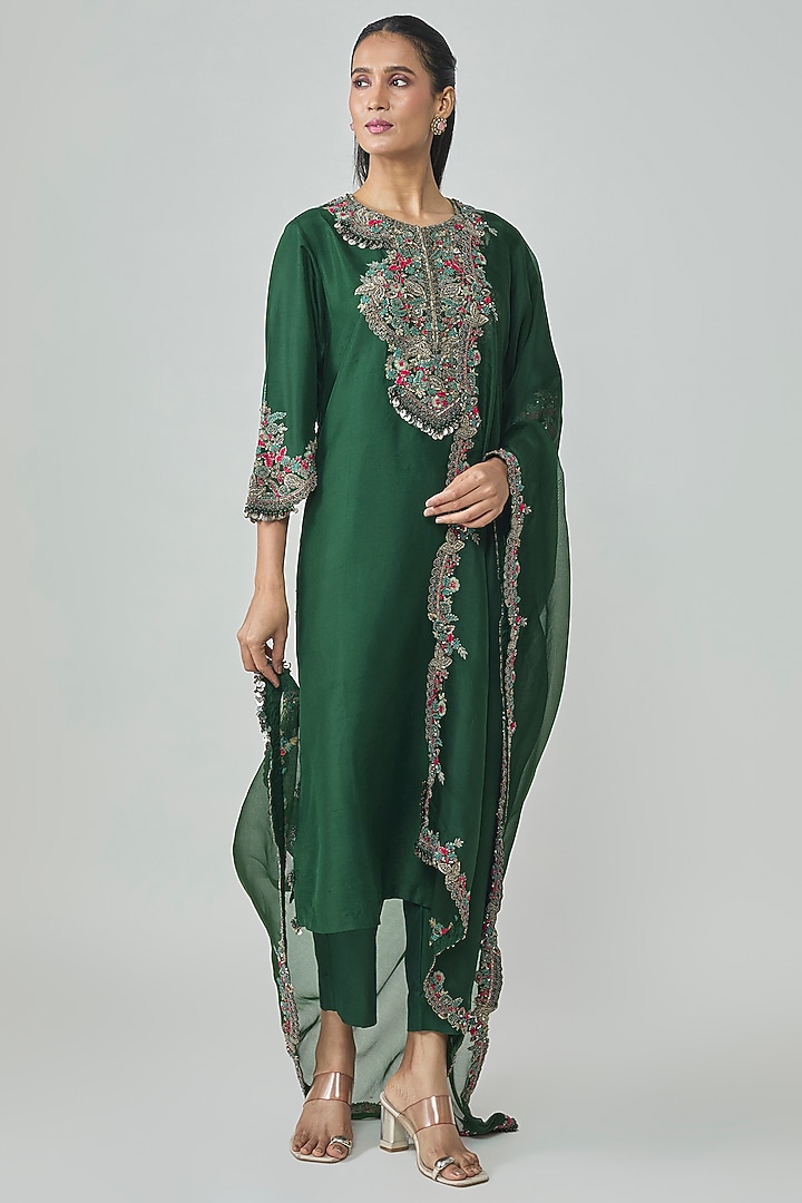 Bottle Green Silk Dori Embellished Kurta Set by Prisho at Pernia's Pop Up Shop