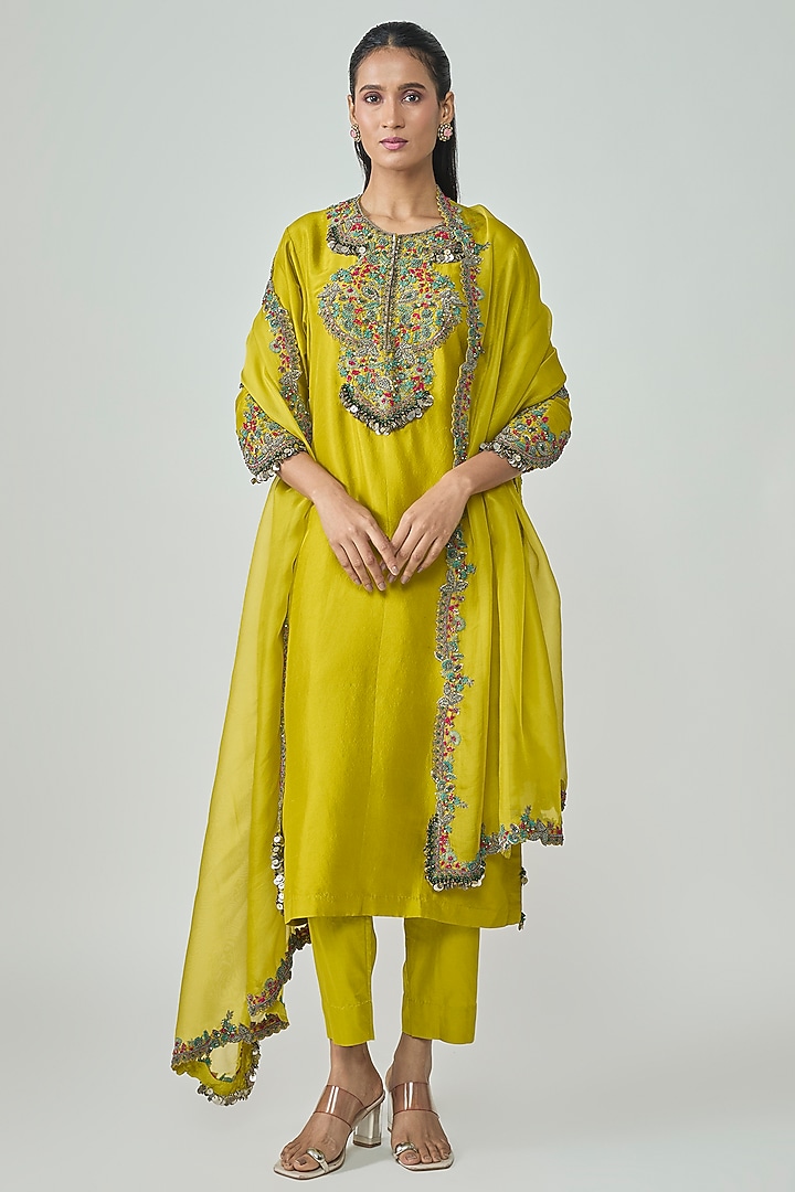 Lime Green Silk Dori Embellished Kurta Set by Prisho at Pernia's Pop Up Shop