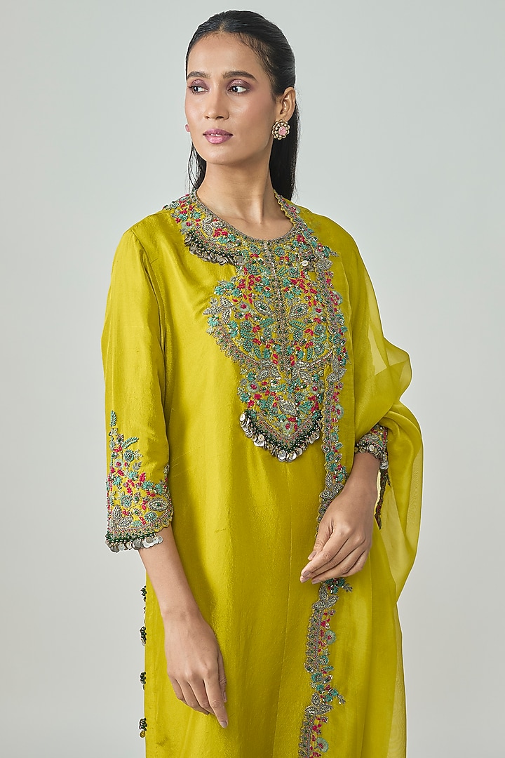 Lime Green Silk Dori Embellished Kurta Set by Prisho at Pernia's Pop Up Shop