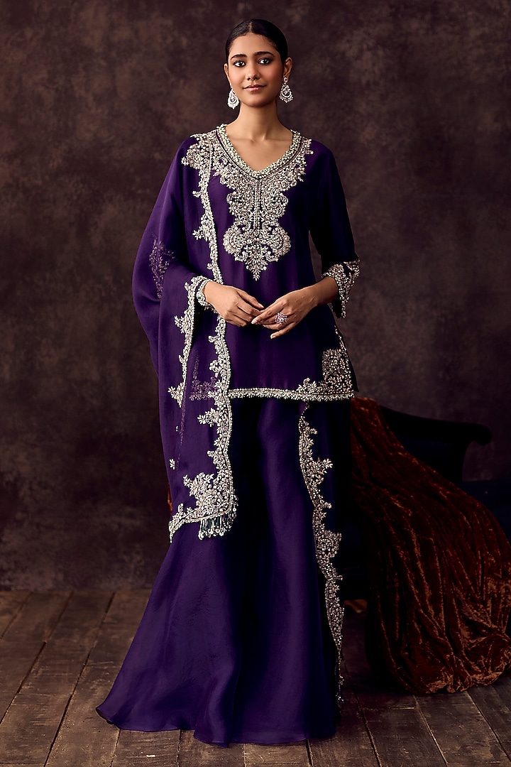 Dark Purple Organza Wedding Sharara Set by Prisho at Pernia's Pop Up Shop