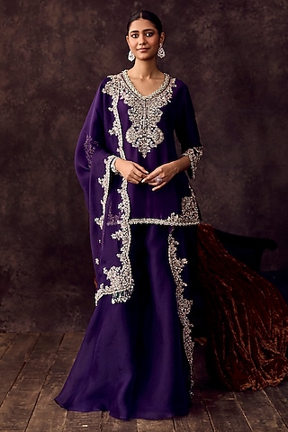 Dark Purple Organza Sharara Set by Prisho