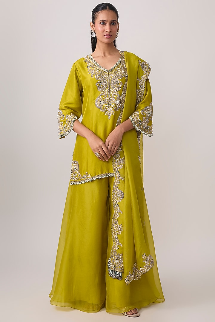 Lime Green Silk Dori Embellished Kurta Set by Prisho at Pernia's Pop Up Shop