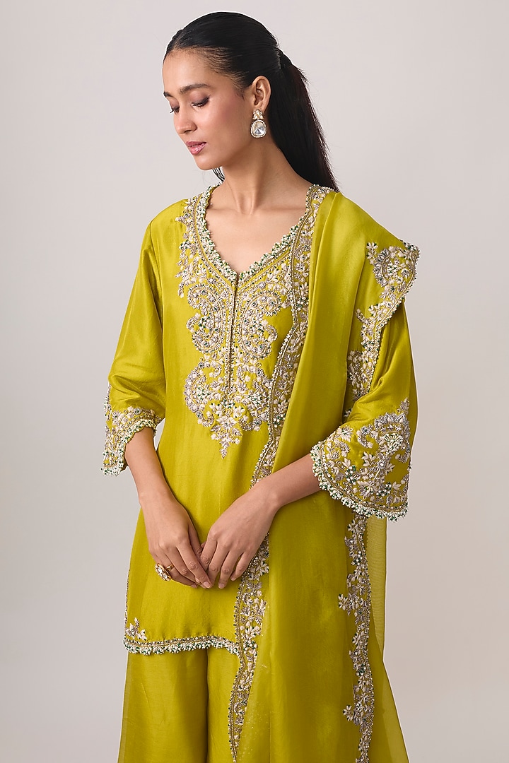 Lime Green Silk Dori Embellished Kurta Set by Prisho at Pernia's Pop Up Shop
